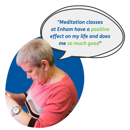 Photo of Enham Trust service user, Ali, quoting "Meditation classes at Enham have a positive effect on my life and does me so much good".